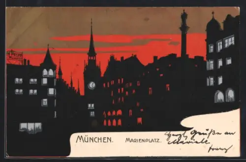 AK München, Marienplatz in der Dämmerung