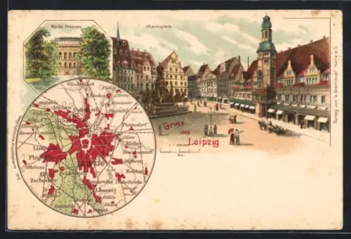 Lithographie Leipzig, Neues Theater, Marktplatz, Landkarte mit der Umgebung