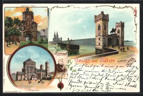 Lithographie Köln, Severin Tor, Brücke mit Dom, Fahrrad-Fahrer