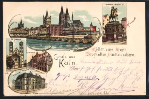 Lithographie Köln, Gürzenich, Theater, St. Gereon