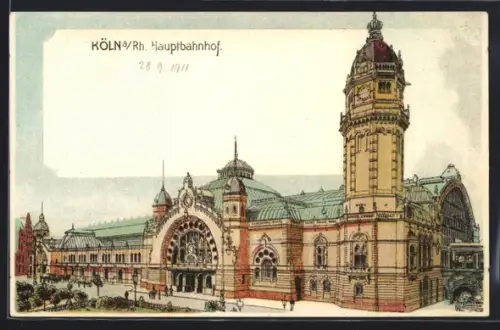 Lithographie Köln a. Rh., Totalansicht vom Hauptbahnhof