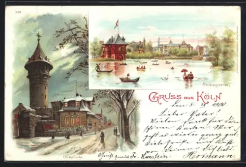 Lithographie Köln-Neustadt, Ulrepforte im Winter, Partie im Volksgarten