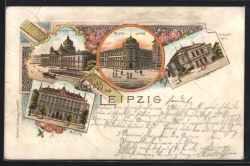 Lithographie Leipzig, Grassi-Museum, Reichsgericht, Amtsgericht