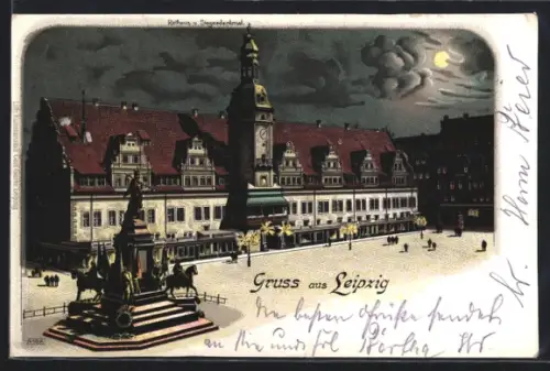 Lithographie Leipzig, Rathaus und Siegesdenkmal aus der Vogelschau
