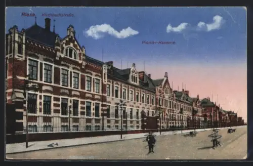 AK Riesa, Kirchbachstrasse mit Pionier-Kaserne