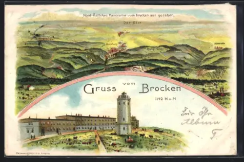 Lithographie Brocken, Nord-Östliches Panorama vom Brocken aus gesehen mit Stumpfrücken, Ilsenburg und Westerberg