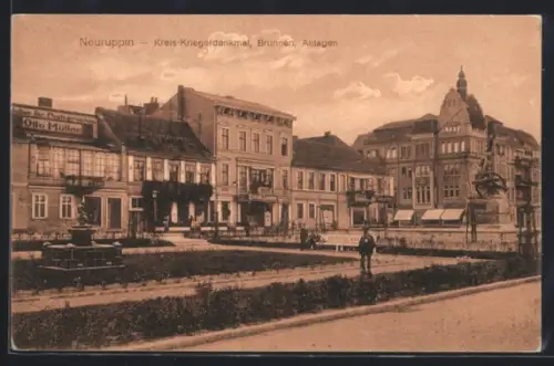 AK Neuruppin, Foto-Geschäft Otto Müller, Kreis-Kriegerdenkmal, Brunnen und Anlagen