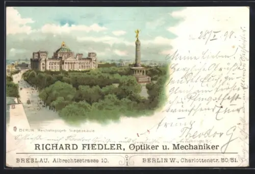Lithographie Berlin-Tiergarten, Blick zum Reichstagsgebäude, Siegessäule