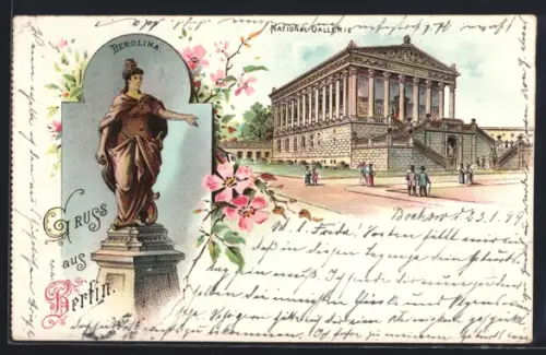 Lithographie Berlin, National-Galerie und Berolina Denkmal