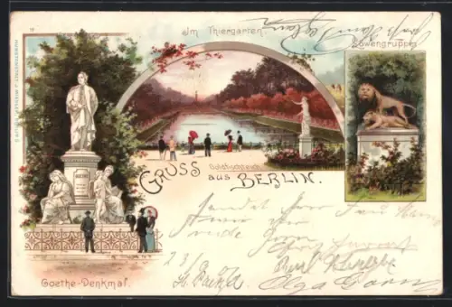 Lithographie Berlin-Tiergarten, Goldfischteich, Goethe Denkmal, Löwengruppe