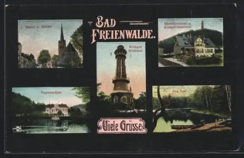 AK Bad Freienwalde, Papenmühle, Markt und Kirche, Kriegerdenkmal