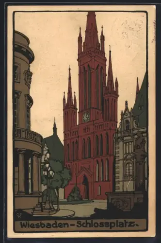 Steindruck-AK Wiesbaden, Schlossplatz, Motiv mit Kirche