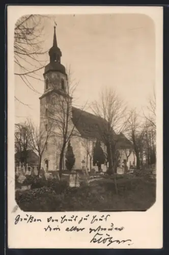 Foto-AK Lenz /Sachsen, Kirche mit Friedhof