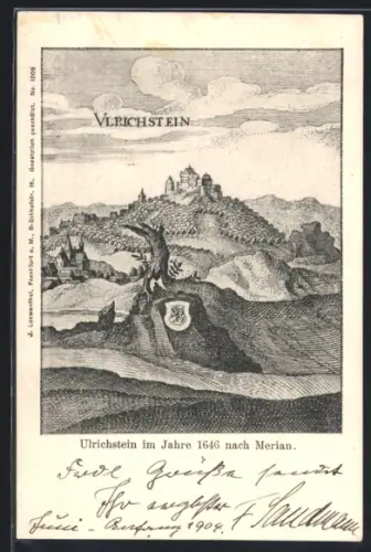 Künstler-AK Ulrichstein, Ortsansicht im Jahre 1646 nach Merian