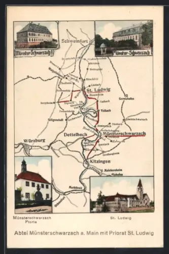 AK Münsterschwarzach, Landkarte mit Ortsansichten