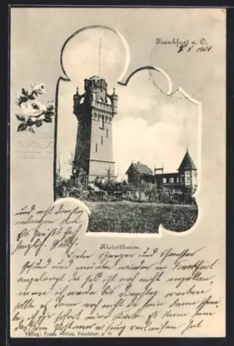 Lithographie Frankfurt a. O., Kleistturm, Rosen, Passepartout