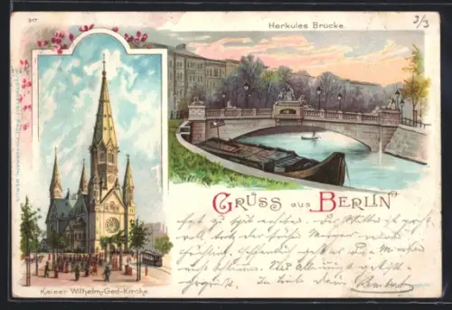 Lithographie Berlin-Tiergarten, Kaiser Wilhelm Ged. Kirche, an der Herkules Brücke
