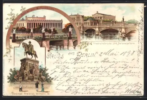 Lithographie Berlin, Museum und Schlossbrücke, Friedrichbrücke und Nationalgalerie, Denkmal Friedrich III.