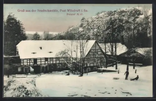 AK Wilsdruff i. Sa., Gasthof Neudeckmühle im Winter