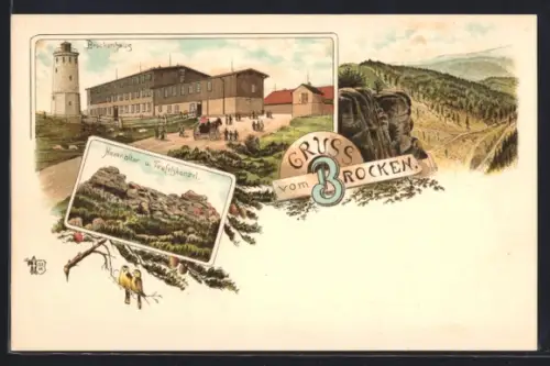 Lithographie Brocken, Brockenhotel, Hexanaltar und Teufelskanzel, Panorama