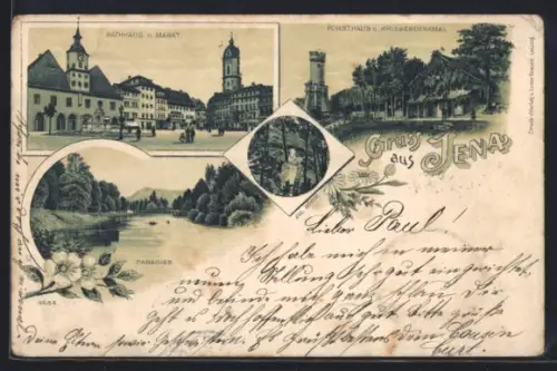 Lithographie Jena, Forsthaus und Kriegerdenkmal, Marktplatz mit Rathaus, Paradies