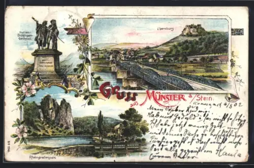 Lithographie Münster, Hutten-Sickinger-Denkmal, Ebernburg, Rheingrafenstein