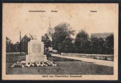 AK Ebersbach, Kriegerdenkmal mit Kirche und Schule