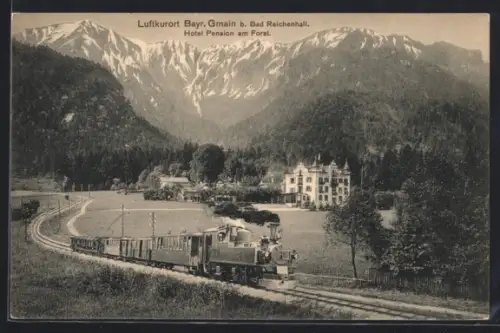 AK Bayr. Gmain bei Bad Reichenhall, Hotel Pension am Forst, Eisenbahn