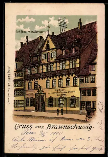 Lithographie Braunschweig, Schiffmumme-Brauerei von der Strasse aus