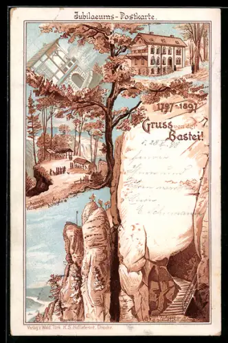 Lithographie Bastei, Hotel Wald-Villa, Aufgang durch die Schwedenlöcher