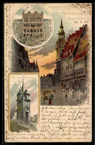 Künstler-Lithographie Otto Hammel: Hannover, Aegidienkirche, Geschäftshaus Sätzer, Alter Turm Neuerweg