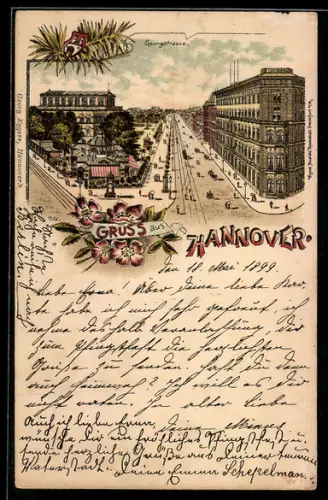 Lithographie Hannover, Blick auf die Georgstrasse mit Strassenbahngleisen