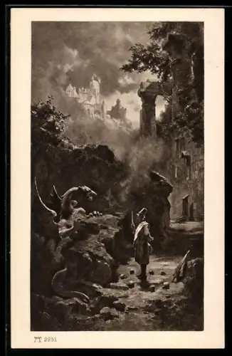 Künstler-AK Carl Spitzweg: Der Hexenmeister mit Drachen