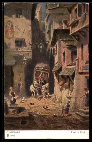 Künstler-AK Postkutsche in einer Gasse in Tirol