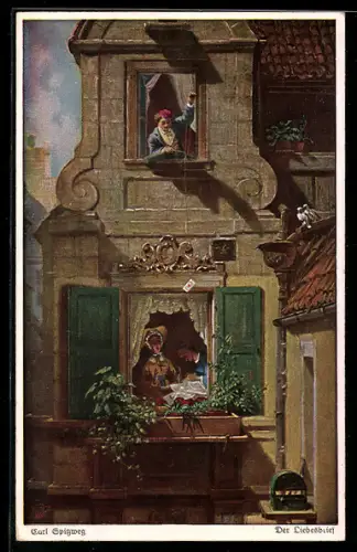 Künstler-AK Carl Spitzweg: Der Liebesbrief, Mann lässt einen Brief am Fenster hinunter
