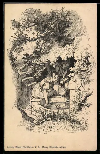 Künstler-AK Ludwig Richter: Kavalier und Maid an Brunnen