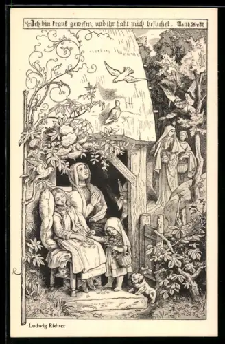 Künstler-AK Ludwig Richter: Der Sonntag, Betende Frau vor ihrem Haus, Matth. 25 v. 37