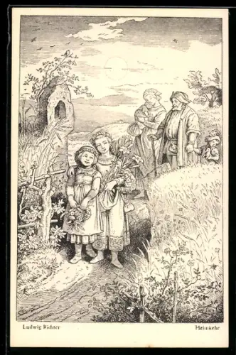 Künstler-AK Ludwig Richter: Der Sonntag, Familie bei der Heimkehr