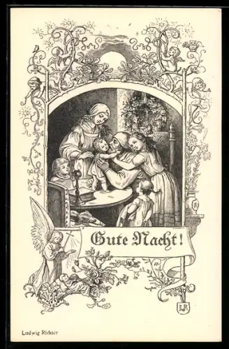 Künstler-AK Ludwig Richter: Der Sonntag, Familie wünscht sich Gute Nacht