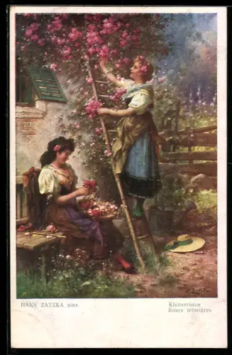 Künstler-AK Hans Zatzka: Kletterrosen, Zwei Frauen in Tracht, Rosen pflückend