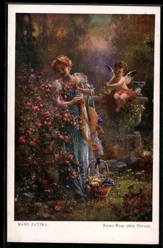 Künstler-AK Hans Zatzka: Keine Rose ohne Dornen, Amor mit hübscher Frau im Garten