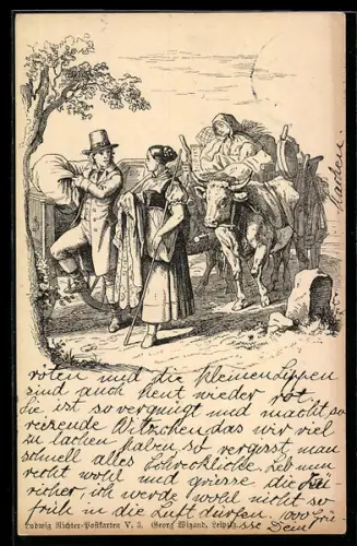 Künstler-AK Ludwig Richter: Händler, Frau mit Rinderkarren