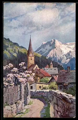 Künstler-AK August Splitgerber: Dorf in den Bergen an einem Frühlingstag