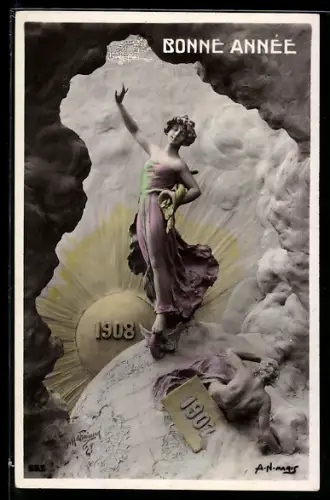 AK Jahreszahl 1908, Hübsches Mädchen vor aufgehender Sonne