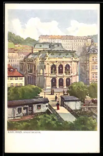 Künstler-AK Karlsbad, Blick auf das Stadttheater