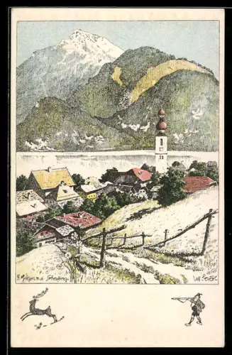 Künstler-AK Ulf Seidl: St. Gilgen /Salzkammergut, Ortsansicht mit Schafberg