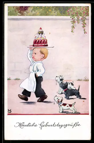 Künstler-AK Willi Scheuermann: Hunde folgen einem Jungen mit Torte