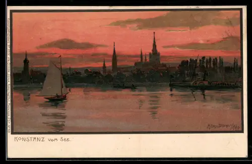 Künstler-AK Zeno Diemer: Konstanz, Panoramablick vom See bei Dämmerung, Segelboot und Dampfer