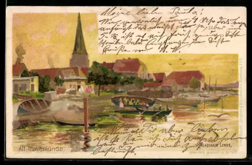 Künstler-AK Wladimir Linde: Travemünde, Ruderboote an der Bootsanlegestelle, Blick zum Kirchturm