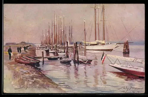Künstler-AK Willy Stoewer: Travemünde, Die Yachtflotte nach dem Rennen im Hafen